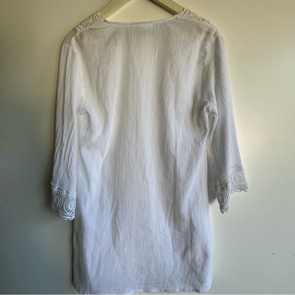 La Blanca White Lace Boho Tunic Blouse Beach Resort Cover Up Crochet Trim Size S - Picture 12 of 13